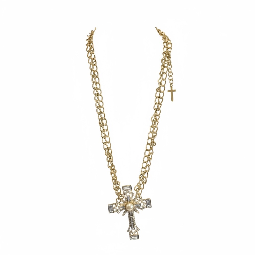 Gold-Tone Cross Pendant Necklace with Pearl Center